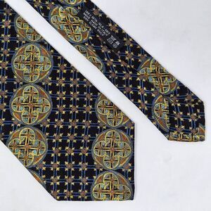 BRIONI SILK TIE BLACK BLUE GOLD NORDIC GEOMETRIC CIRCLES STRIPE 4" X 59"